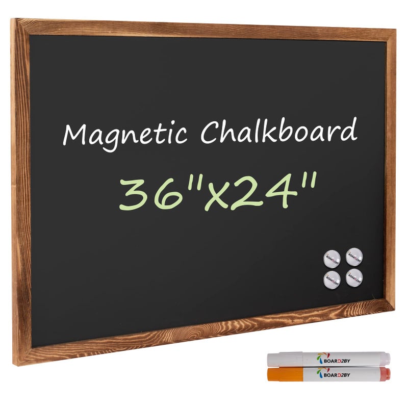 Board2by لوحة سبورة مغناطيسية بإطار خشبي ريفي 24 x 36، لافتة سبورة كبيرة معلقة للأطفال، سبورة جدارية غير مسامية لقائمة مطعم المطبخ والزفاف والمنزل مع 4 مغناطيسات فريدة، بني - Image 1